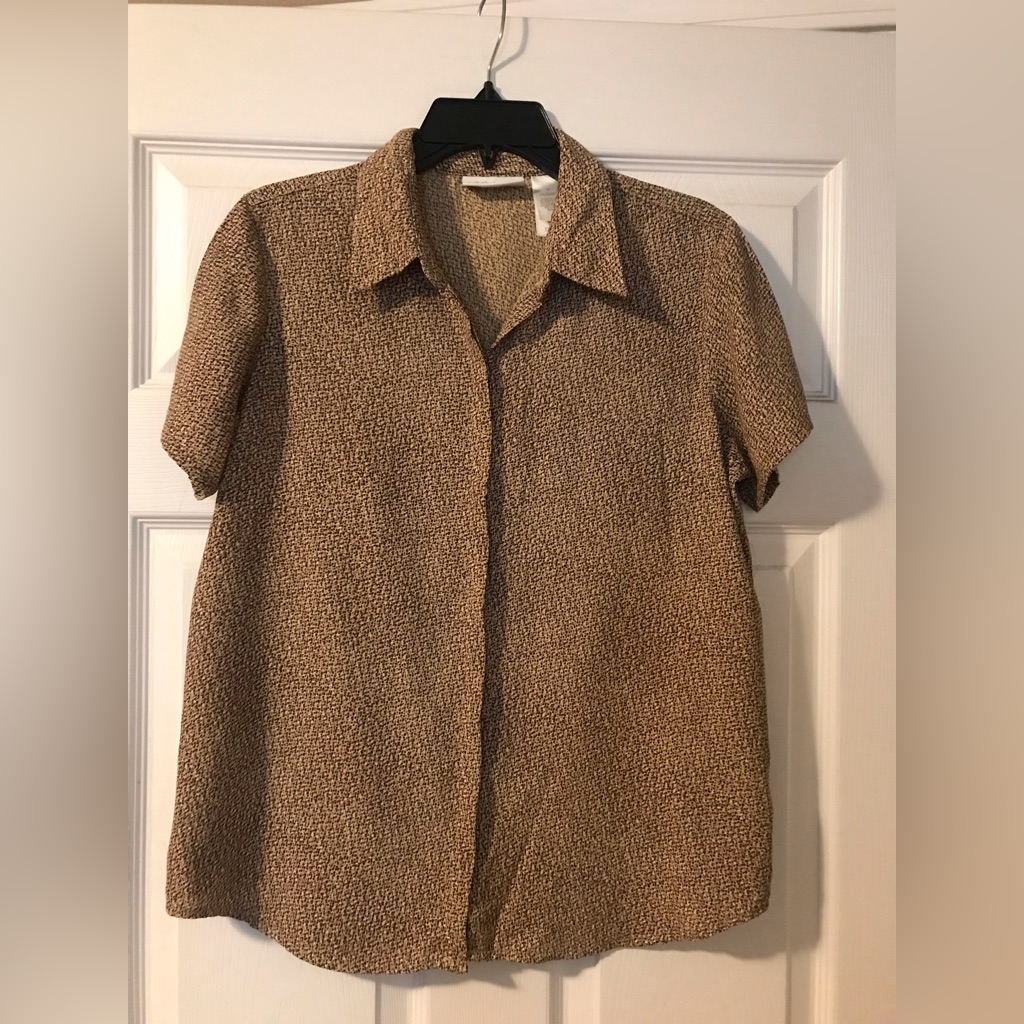 Liz Claiborne Lizsport Button Up Short Sleeve Blouse Tan/Brown Womens Medium